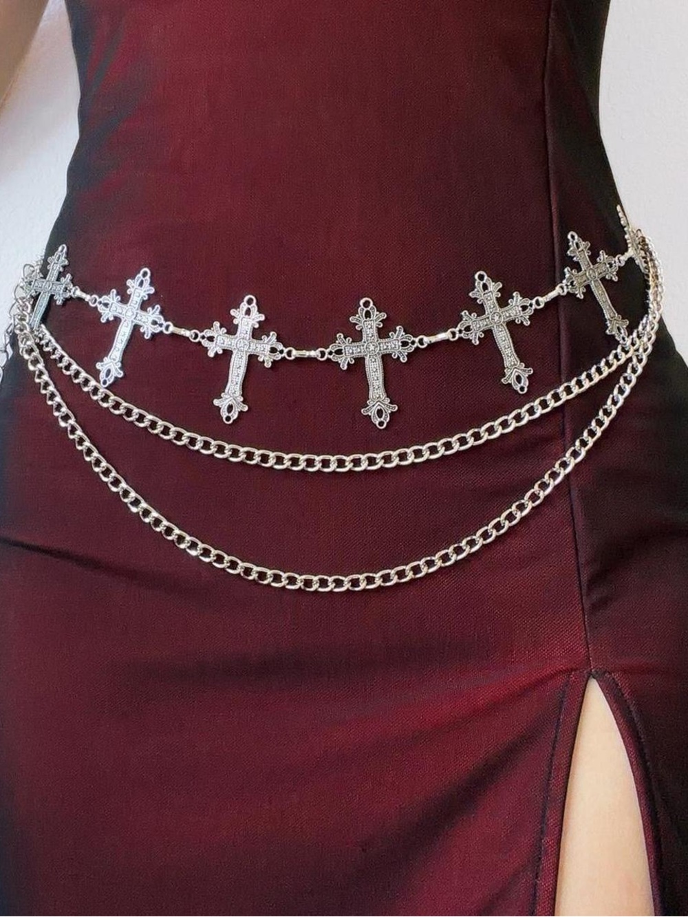 Silver and black Emo Cross Country Cross Goth Style Waist Multi Layer Body Chain